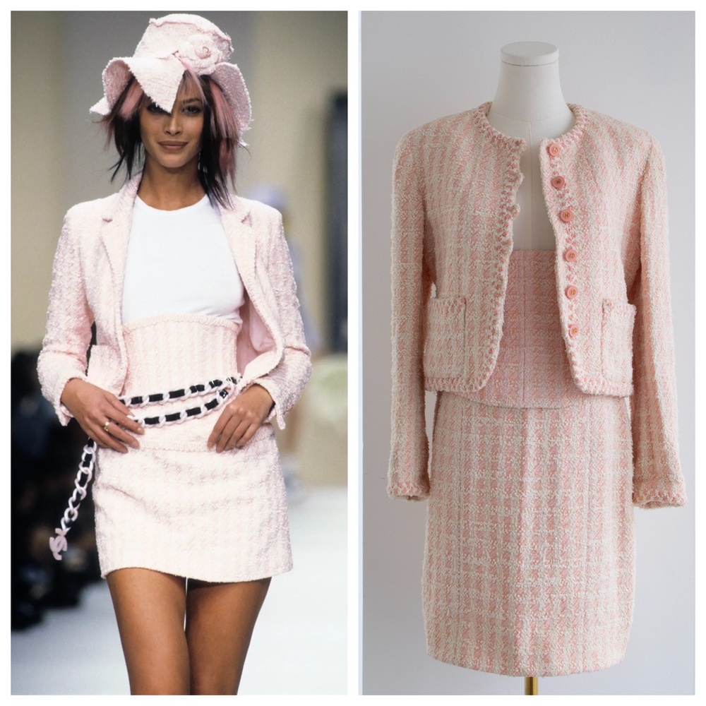 Chanel Vintage S/S 1994 Pink Tweed 3pcs Jacket Corset Skirt 94P Suit